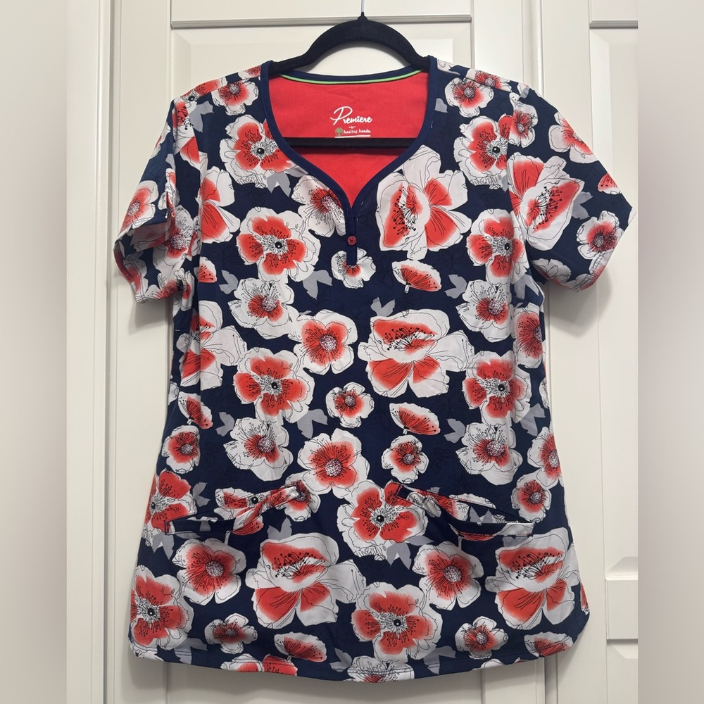 Premiere by Healing Hands Women's Floral Scrub Top - Navy and Red